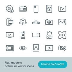 Modern Simple Set of video, photos Vector outline Icons. ..Contains such Icons as  disc,  dslr,  photography,  entertainment,  music,  lens and more on white background. Fully Editable. Pixel Perfect.