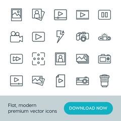 Modern Simple Set of video, photos Vector outline Icons. ..Contains such Icons as image,  vector, stop,  light,  game,  document,  button and more on white background. Fully Editable. Pixel Perfect.