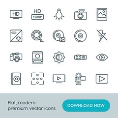 Modern Simple Set of video, photos Vector outline Icons. ..Contains such Icons as  photography, background,  iso, hd, image,  lamp,  media and more on white background. Fully Editable. Pixel Perfect.