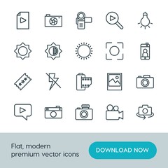 Modern Simple Set of video, photos Vector outline Icons. ..Contains such Icons as dark,  summer,  television,  symbol, camera,  photography and more on white background. Fully Editable. Pixel Perfect.