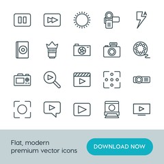 Modern Simple Set of video, photos Vector outline Icons. ..Contains such Icons as  scroll,  icon, rewind,  summer,  picture,  phone,  photo and more on white background. Fully Editable. Pixel Perfect.