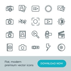 Modern Simple Set of video, photos Vector outline Icons. ..Contains such Icons as  disk, portrait,  travel,  digital,  projection,  cd, hdr and more on white background. Fully Editable. Pixel Perfect.
