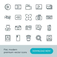 Modern Simple Set of video, photos Vector outline Icons. ..Contains such Icons as  attractive,  shot,  picture, selfie,  symbol, image, hdr and more on white background. Fully Editable. Pixel Perfect.