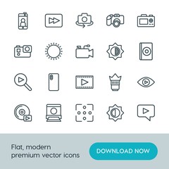 Modern Simple Set of video, photos Vector outline Icons. ..Contains such Icons as lens,  cinema,  camera,  technology, player, selfie,  cd and more on white background. Fully Editable. Pixel Perfect.