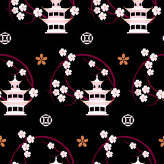 Black china seamless pattern with sakura flowers and pagoda.