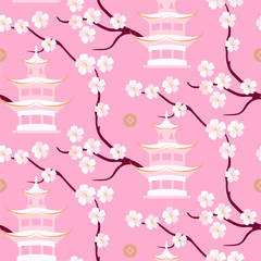 Pink china seamless pattern with sakura flowers and pagoda.