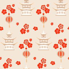 Beige china seamless pattern with sakura flowers and pagoda.