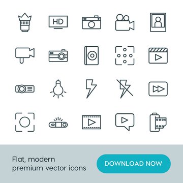 Modern Simple Set of video, photos Vector outline Icons. ..Contains such Icons as  space,  concept,  internet,  cinema, bulb,  flash,  lamp and more on white background. Fully Editable. Pixel Perfect.