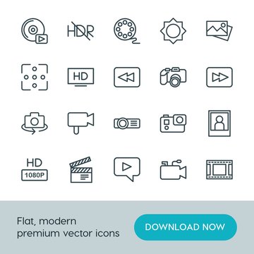 Modern Simple Set of video, photos Vector outline Icons. ..Contains such Icons as  entertainment,  photo, portrait, background,  camera, hd and more on white background. Fully Editable. Pixel Perfect.