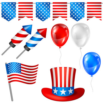 Fourth of July Independence Day symbols set. American patriotic illustration