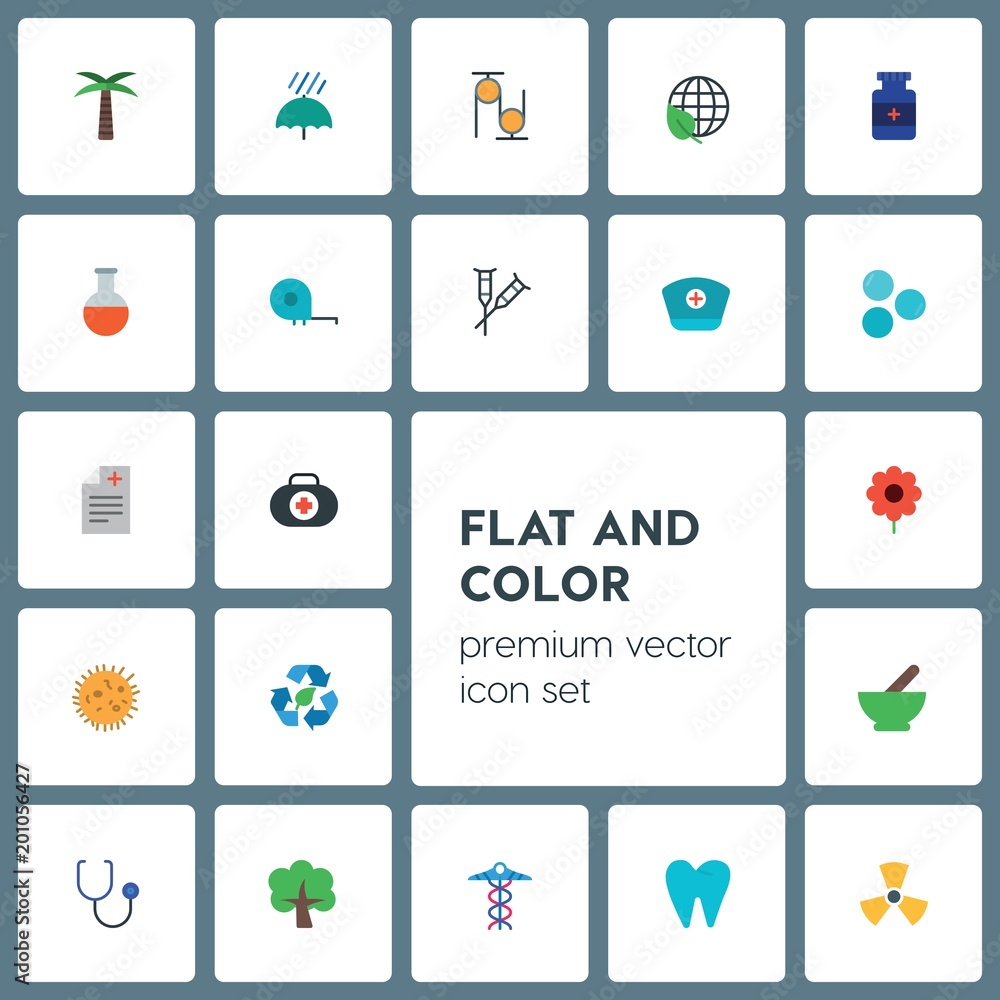 Poster modern simple set of health, science, nature vector flat icons. ..contains such icons as stethoscope