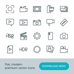 Modern Simple Set of video, photos Vector outline Icons. ..Contains such Icons as  device, image,  adult,  cinema,  background,  camera and more on white background. Fully Editable. Pixel Perfect.