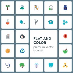 Modern Simple Set of health, science, nature Vector flat Icons. ..Contains such Icons as  stethoscope,  equipment,  ecology,  weather, palm and more on grey background. Fully Editable. Pixel Perfect