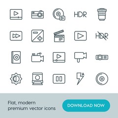Modern Simple Set of video, photos Vector outline Icons. ..Contains such Icons as  illustration,  photography, camera,  media,  movie,  cd and more on white background. Fully Editable. Pixel Perfect.