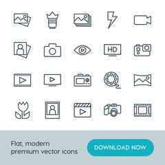 Modern Simple Set of video, photos Vector outline Icons. ..Contains such Icons as  landscape,  video,  set,  panoramic, play, image,  media and more on white background. Fully Editable. Pixel Perfect.