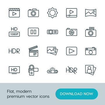 Modern Simple Set of video, photos Vector outline Icons. ..Contains such Icons as  home,  quality,  media,  photo,  panoramic, portrait, hd and more on white background. Fully Editable. Pixel Perfect.