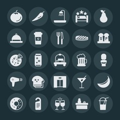 Modern Simple Set of food, hotel, drinks Vector fill Icons. ..Contains such Icons as  do,  desk,  red,  star, beverage, banana,  toast, ice and more on dark background. Fully Editable. Pixel Perfect.