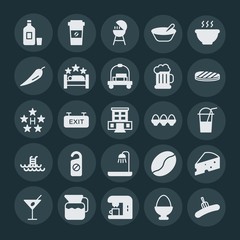 Modern Simple Set of food, hotel, drinks Vector fill Icons. ..Contains such Icons as  meat,  grilling,  lunch, breakfast, coffee, alcohol and more on dark background. Fully Editable. Pixel Perfect.