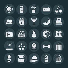 Modern Simple Set of food, hotel, drinks Vector fill Icons. ..Contains such Icons as  drink, room,  anatomy,  food, hotel,  empty,  hotel and more on dark background. Fully Editable. Pixel Perfect.