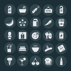 Modern Simple Set of food, hotel, drinks Vector fill Icons. ..Contains such Icons as  soap,  cocktail,  breakfast,  red,  party, summer and more on dark background. Fully Editable. Pixel Perfect.