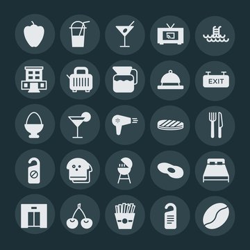 Modern Simple Set of food, hotel, drinks Vector fill Icons. ..Contains such Icons as ice,  french,  party,  potato,  floor, door,  flat,  tv and more on dark background. Fully Editable. Pixel Perfect.