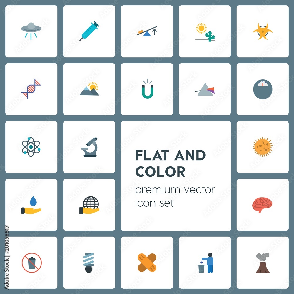 Poster modern simple set of health, science, nature vector flat icons. ..contains such icons as alien, tech