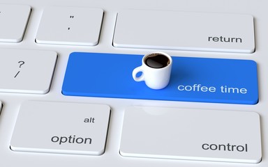Computer keyboard white button with white coffee cup. Coffee time concept. 3d rendering
