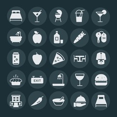 Modern Simple Set of food, hotel, drinks Vector fill Icons. ..Contains such Icons as  hamburger, bed, hot,  meat,  bulgarian,  urban,  bbq and more on dark background. Fully Editable. Pixel Perfect.