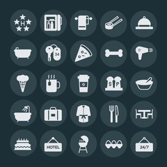 Modern Simple Set of food, hotel, drinks Vector fill Icons. ..Contains such Icons as  bbq,  vector,  knife, luxury,  easter,  24, service and more on dark background. Fully Editable. Pixel Perfect.