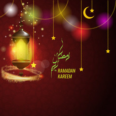 Vector Ramadan kareem greeting card design with hanging lantern or fanoos.