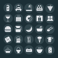 Modern Simple Set of food, hotel, drinks Vector fill Icons. ..Contains such Icons as soup,  room, water,  food,  towel,  shower,  breakfast and more on dark background. Fully Editable. Pixel Perfect.