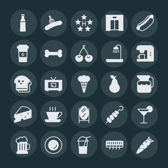 Modern Simple Set of food, hotel, drinks Vector fill Icons. ..Contains such Icons as  dinner, beverage,  glass,  healthy,  food, luxury,  tv and more on dark background. Fully Editable. Pixel Perfect.