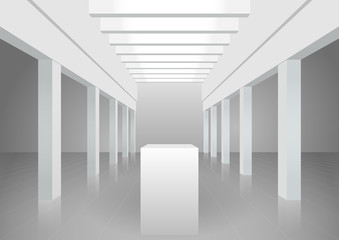Vector 3d illustration. White interior of of not existing building with columns and beamed ceilings and top light. Symmetrical view. Stand for presentation of objects.