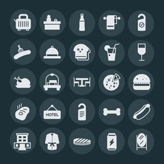 Modern Simple Set of food, hotel, drinks Vector fill Icons. ..Contains such Icons as  skeleton,  energy,  design,  building, can,  desk and more on dark background. Fully Editable. Pixel Perfect.