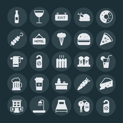 Modern Simple Set of food, hotel, drinks Vector fill Icons. ..Contains such Icons as  sign,  exit,  food,  urban,  vegetable,  dinner,  home and more on dark background. Fully Editable. Pixel Perfect.