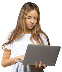 Naklejka premium Portrait of a little girl with a nice laptop.