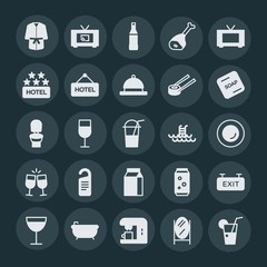 Modern Simple Set of food, hotel, drinks Vector fill Icons. ..Contains such Icons as  fresh,  hot,  container,  care,  cup, bathrobe,  drink and more on dark background. Fully Editable. Pixel Perfect.