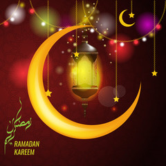 Vector Ramadan kareem greeting card design with hanging lantern or fanoos and big moon.