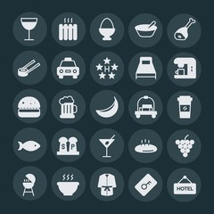 Modern Simple Set of food, hotel, drinks Vector fill Icons. ..Contains such Icons as  energy,  food,  house,  travel,  glass, food, soup and more on dark background. Fully Editable. Pixel Perfect.