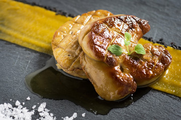 Fried Goose Liver .Foie Gras with Mango Puree. © Victority