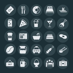 Modern Simple Set of food, hotel, drinks Vector fill Icons. ..Contains such Icons as  kebab,  drink, fork,  suitcase,  luggage,  lock,  star and more on dark background. Fully Editable. Pixel Perfect.