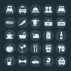 Modern Simple Set of food, hotel, drinks Vector fill Icons. ..Contains such Icons as  glass,  cold,  kitchen,  vector,  travel,  skeleton and more on dark background. Fully Editable. Pixel Perfect.