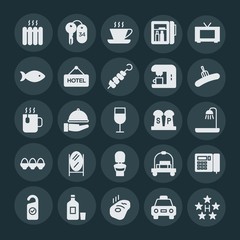 Modern Simple Set of food, hotel, drinks Vector fill Icons. ..Contains such Icons as  food, room,  room,  heater,  service, beef,  energy and more on dark background. Fully Editable. Pixel Perfect.