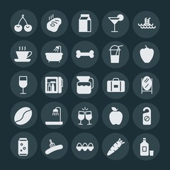 Modern Simple Set of food, hotel, drinks Vector fill Icons. ..Contains such Icons as  food,  sausage,  background,  vegetable,  motel,  red and more on dark background. Fully Editable. Pixel Perfect.