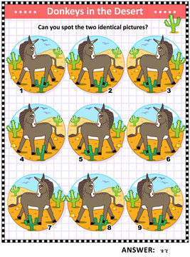 Visual logic puzzle with donkeys, or burros: Can you find the two identical pictures? Answer included.
