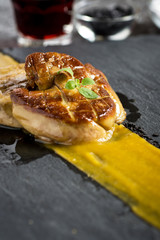 Fried Goose Liver .Foie Gras with Mango Puree.