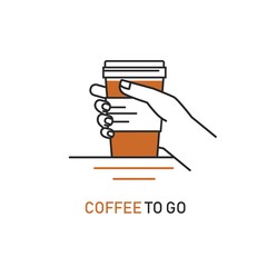 Vector line style icon of coffee to go - hand holding out cup of coffee. Graphic design concept or infographic element..