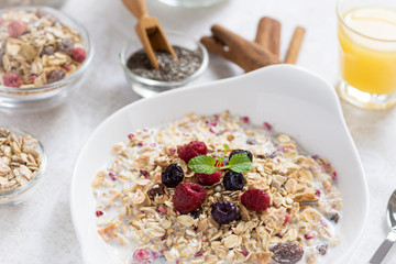 Healthy Breakfast Muesli With Milk, Chia Seeds, Berries and Cinnamon. Sunny Morning.