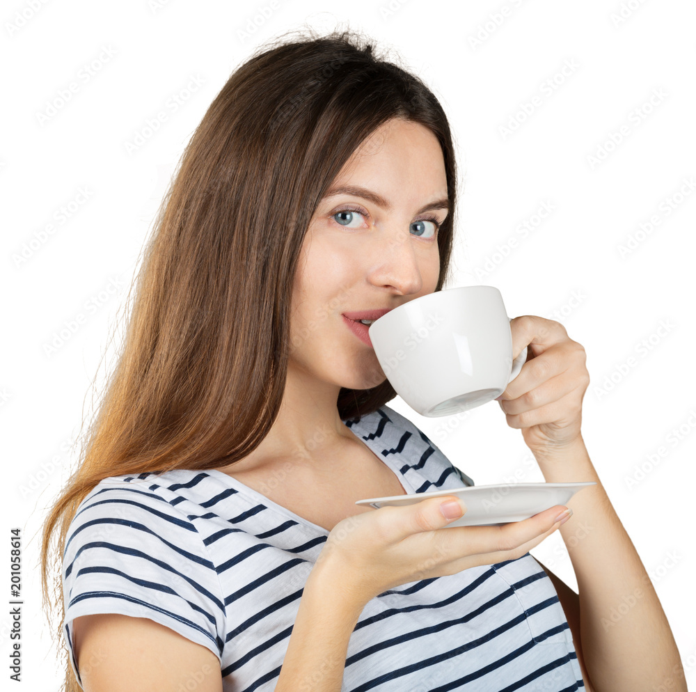 Canvas Prints young woman holding a mug with a hot drink isolated on white background