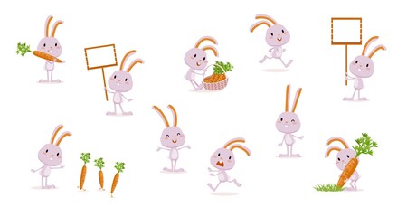 Rabbit with carrots Collection of isolated characters Hare runs, jumps, laughs, grows vegetables, harvests, rejoices, gets angry, upset, etc Big set of cute emotional characters Vector illustration